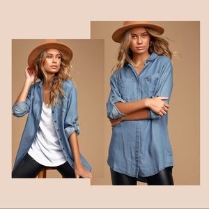 Lulus Shirt and Sweet Blue Chambray Long Sleeve Button-Up Shirt Size Small
